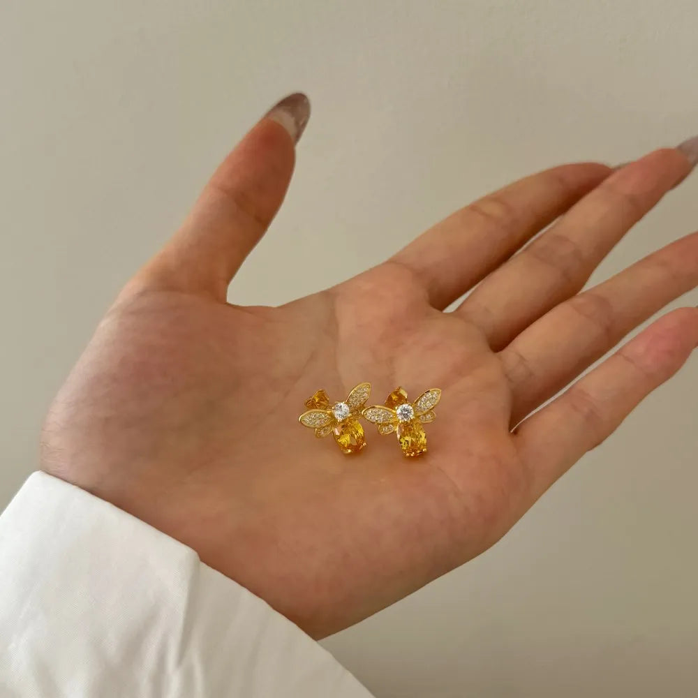 Cute Style Solid Sterling Silver Hypoallergenic 18K Gold Plated Topaz 5A Cubic Zirconia Stone Bee Shape Stud Earrings