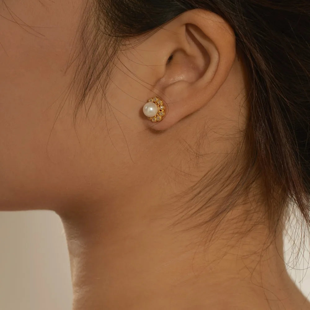 Floral Pearl Stud 18K Gold-Plated 925 Sterling Silver Earrings by KAKODIY - product view 6