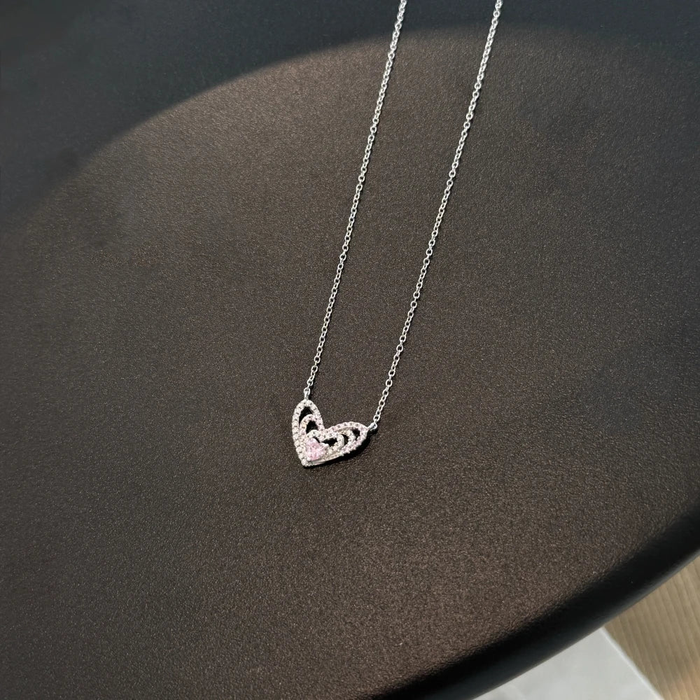 New Designer Fine Fashion Jewelry 925 Sterling Silver Non Tarnish Link Chain Pink 5A Zirconia Heart Love Pendant Necklace