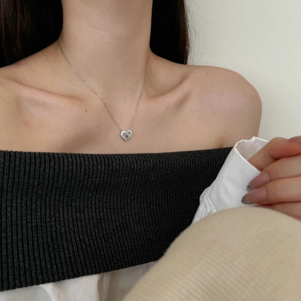 Delicate Design 925 Sterling Silver Hypoallergenic Link Chain Baguette Stone 5A Cubic Zirconia Heart Pendant Necklaces