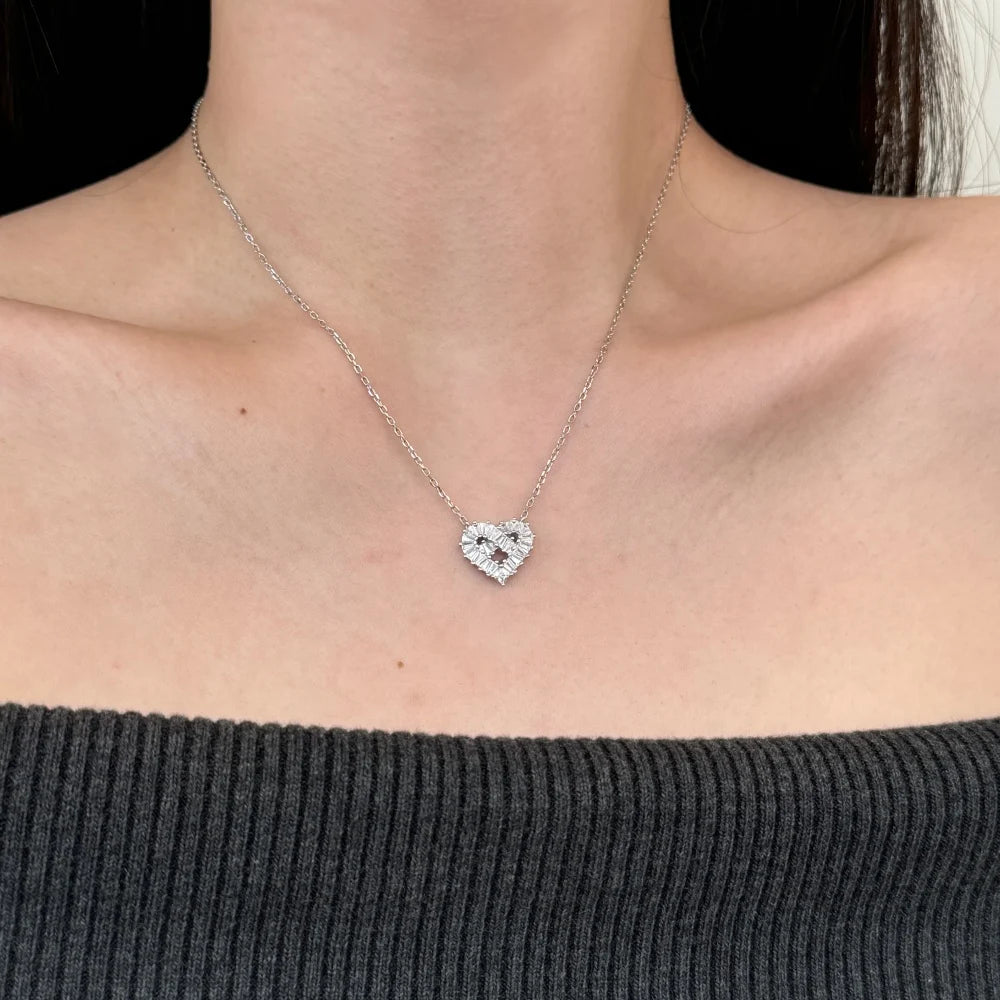Delicate Design 925 Sterling Silver Hypoallergenic Link Chain Baguette Stone 5A Cubic Zirconia Heart Pendant Necklaces