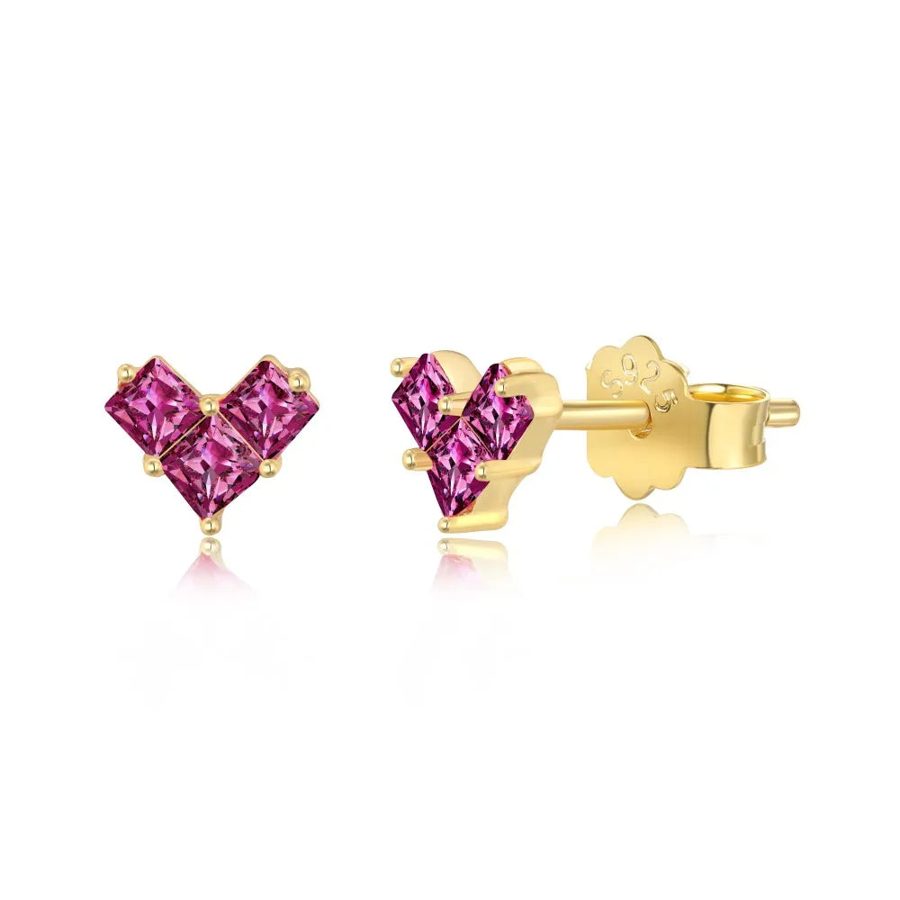 KAKODIY New Small Lovely 925 Sterling Silver Rhodium 18K Gold Plated Matte Square 5A Cube Zirconia Heart Stud Earrings