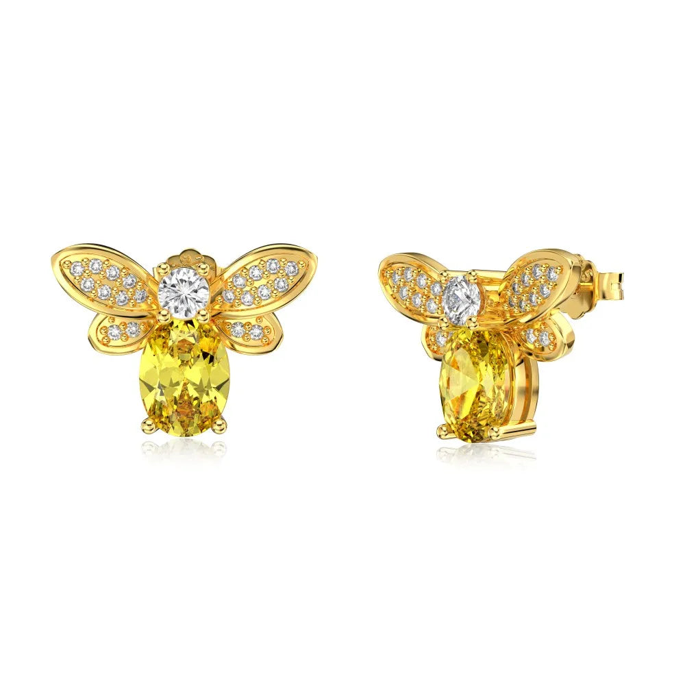 Cute Style Solid Sterling Silver Hypoallergenic 18K Gold Plated Topaz 5A Cubic Zirconia Stone Bee Shape Stud Earrings