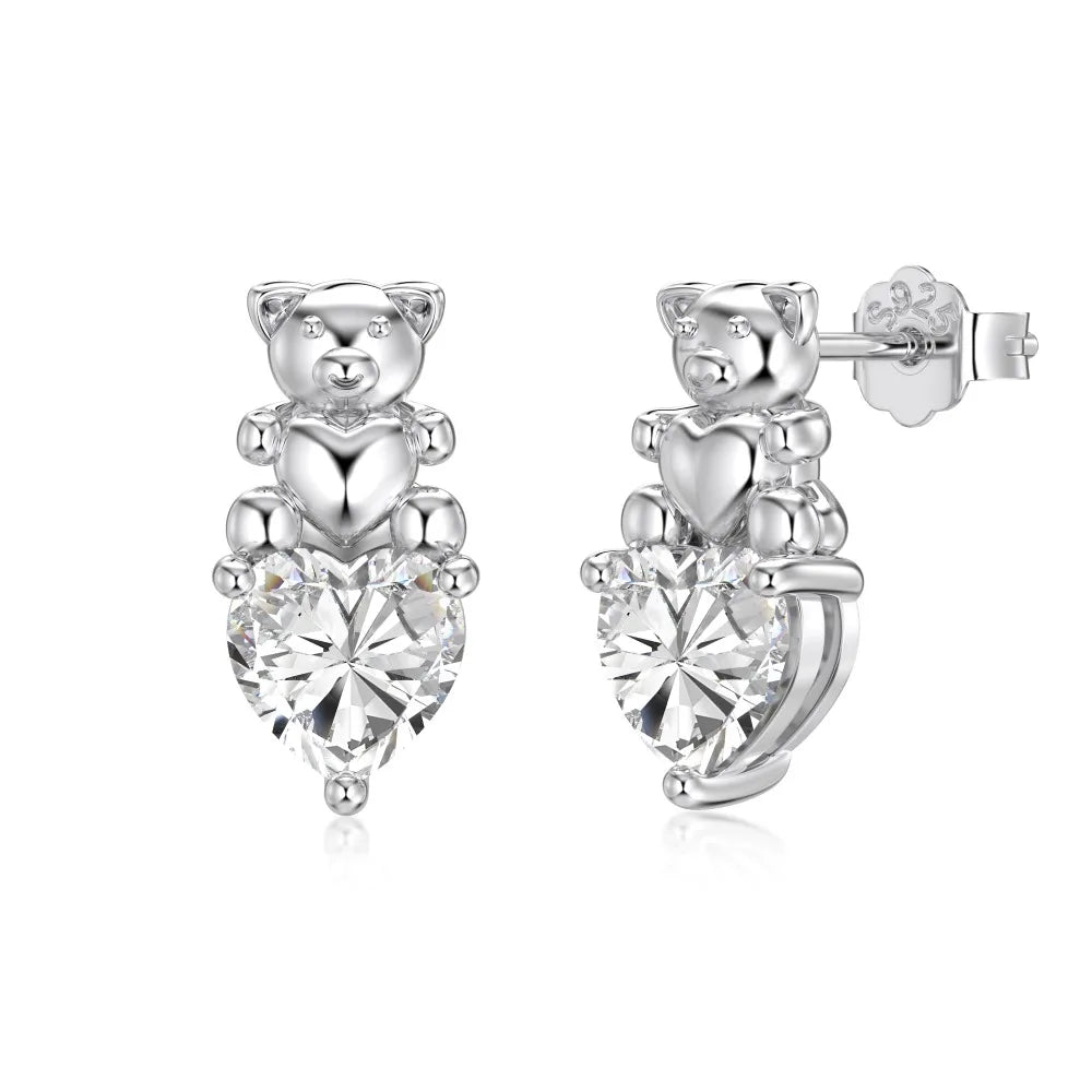 KAKODIY Cute Design Mini Fine Jewelry Rhodium Plated Champagne Gold 925 Sterling Silver 5A Cubic Zirconia Bear Heart Stud Earrings Women