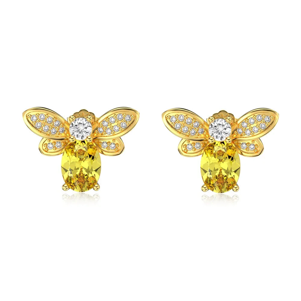 Cute Style Solid Sterling Silver Hypoallergenic 18K Gold Plated Topaz 5A Cubic Zirconia Stone Bee Shape Stud Earrings