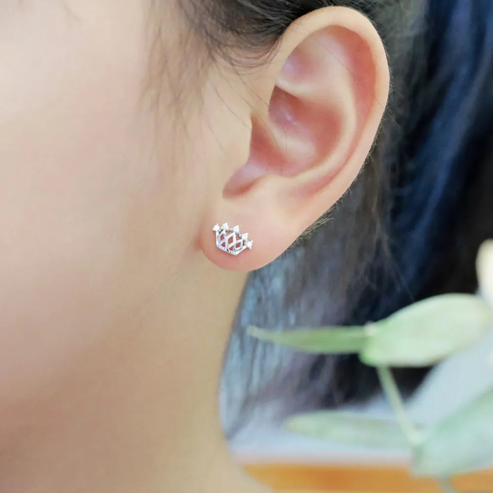 Hypoallergenic Nickel Free 925 Sterling Silver Kid Children 5A CZ Cubic Zirconia Hallow Out Crown Stud Earrings