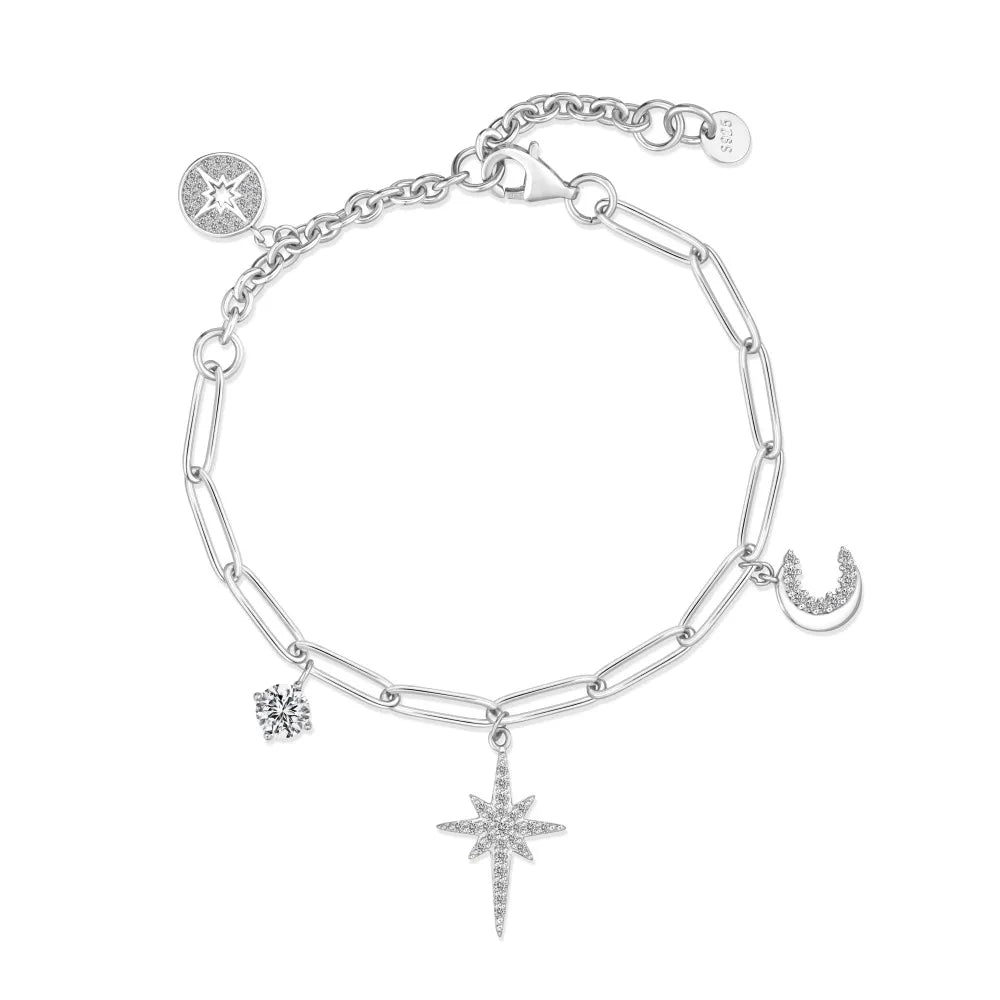 925 Sterling Silver Moon & Star CZ Chain Bracelet product image 7