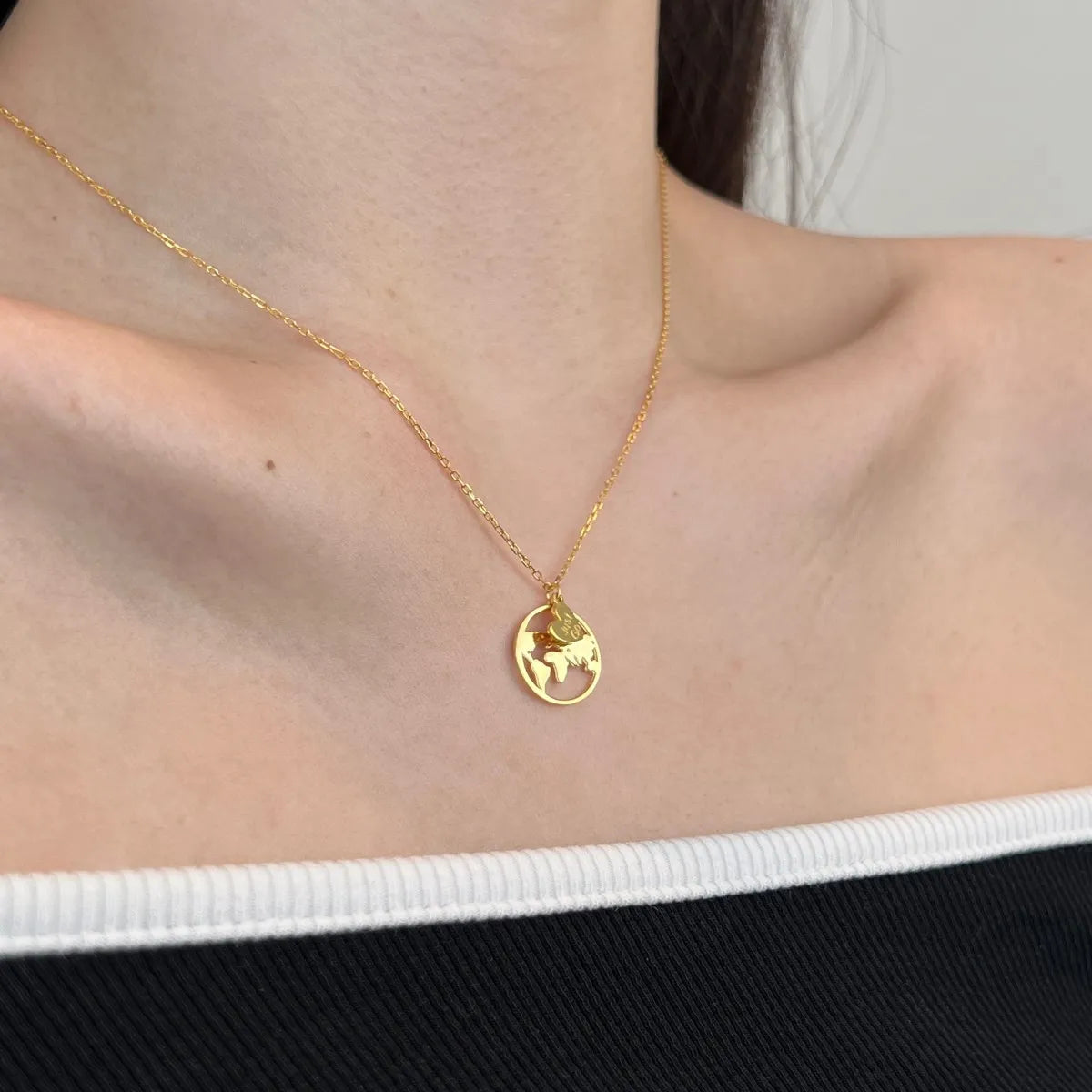 Non Tarnish S925 Sterling Silver Travel Globe World Map Pendant Necklace Round 18K Gold Plated Hollow Out Necklaces Women