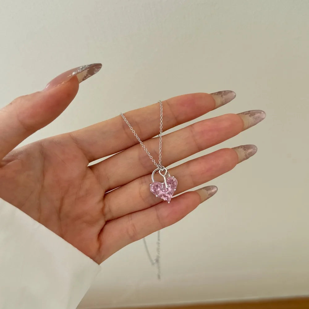 Cute New Design Women Dress up Jewelry S925 Silver Chain Pink 5A Cubic Zirconia Heart Key Pendant Necklaces Jewellery