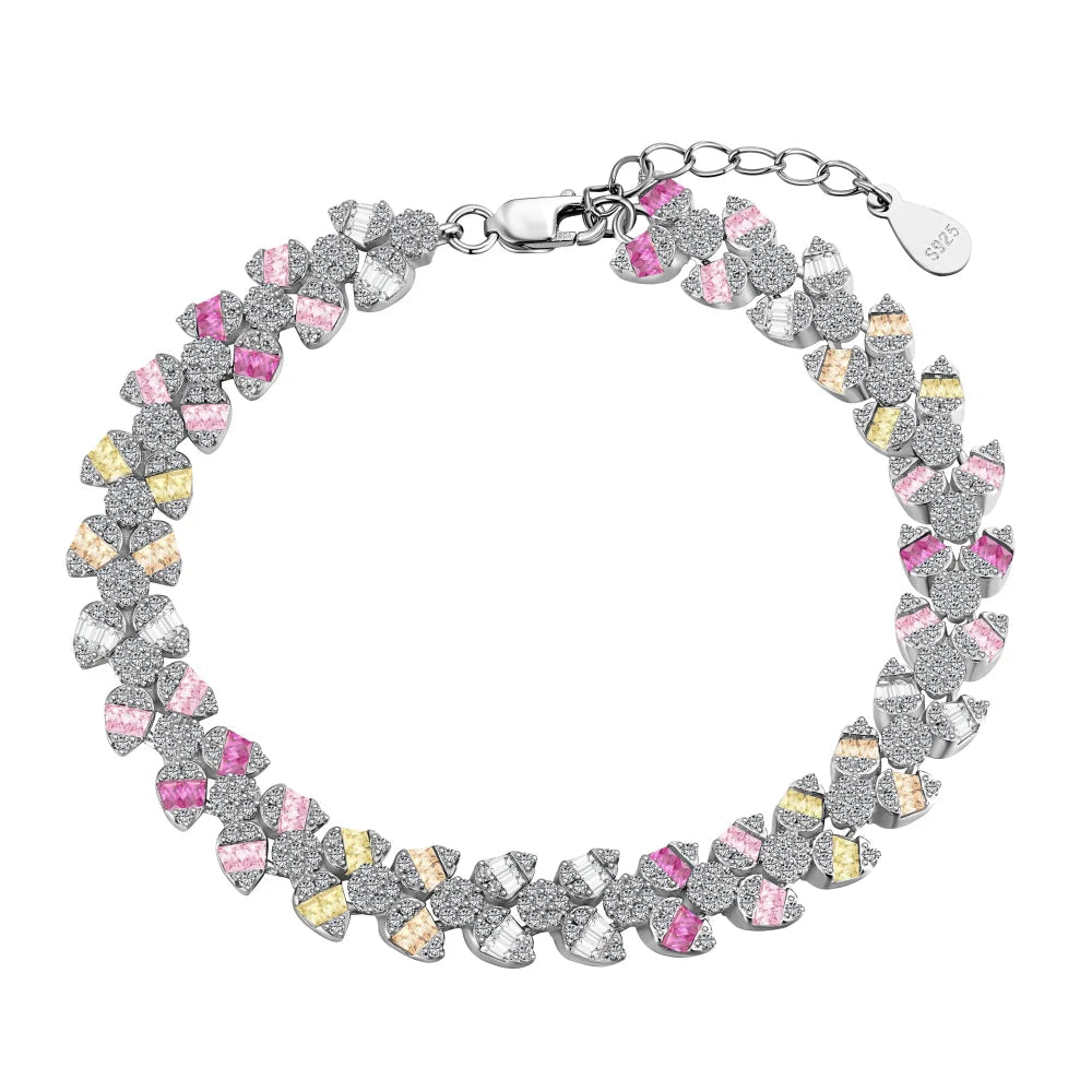 Iced Out S925 Sterling Silver Bracelet Jewelry Set Cz Cubic Zirconia Colorful Pink Stone  Tennis Bracelets Women