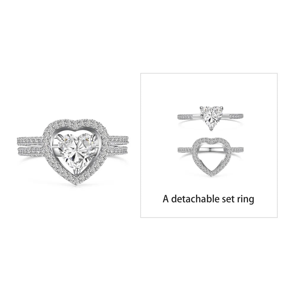 Statement Fine Jewelry S925 Silver Rhodium Plated Women 5A Cubic Zirconia Heart Shape Jewelry Detachable Set Rings