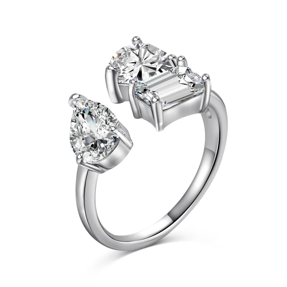 New Designer Elegance Fine Fashion Jewelry Rings Solid Sterling Silver Multiple Shape 1ct 5A Zirconia Open Adjustable Ring