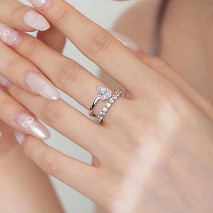 Fashion Trendy 925 Sterling Silver Rhodium Plated Double Layer Eternity Band Waterdrop Shape 5A Zirconia Ring for Women
