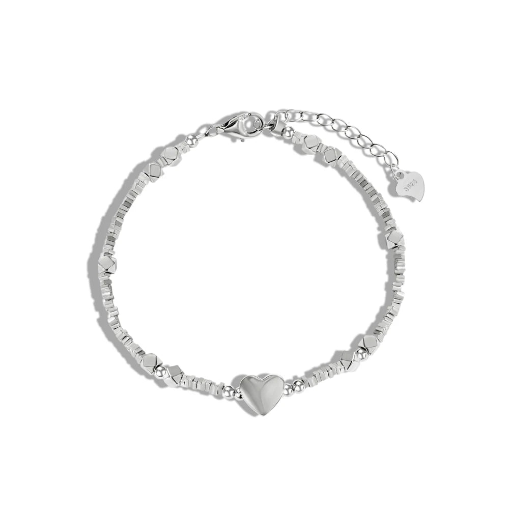 Minimalist Sample Design Hypoallergenic Non Tarnish S925 Silver Bracelet Rhodium Plated Beaded Heart Pendant Bracelet for Women