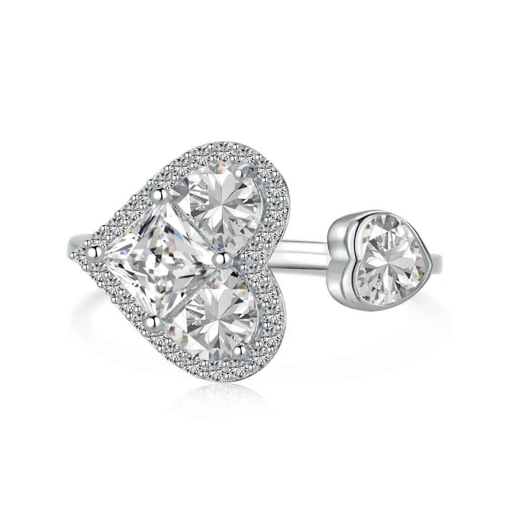 Fashion Design Trendy Silver Jewellery Rhodium 18K Gold Plated Open Adjustable Double Heart Shape Silver Rings