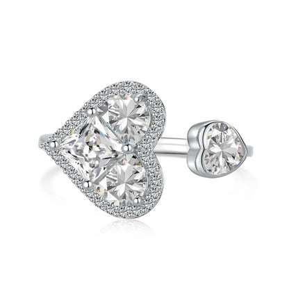 Fashion Design Trendy Silver Jewellery Rhodium 18K Gold Plated Open Adjustable Double Heart Shape Silver Rings