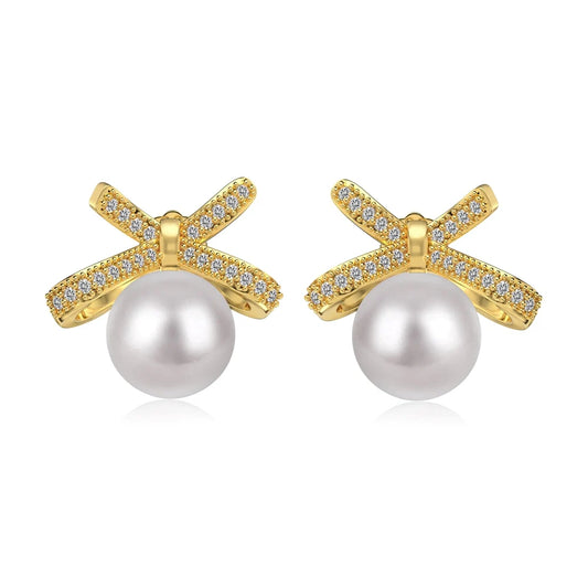 Dainty Customization 18K Gold Plated Jewelry 925 Sterling Silver Bow-Knot Stud Earring Cz Cubic Zirconia Pearl Earrings Women