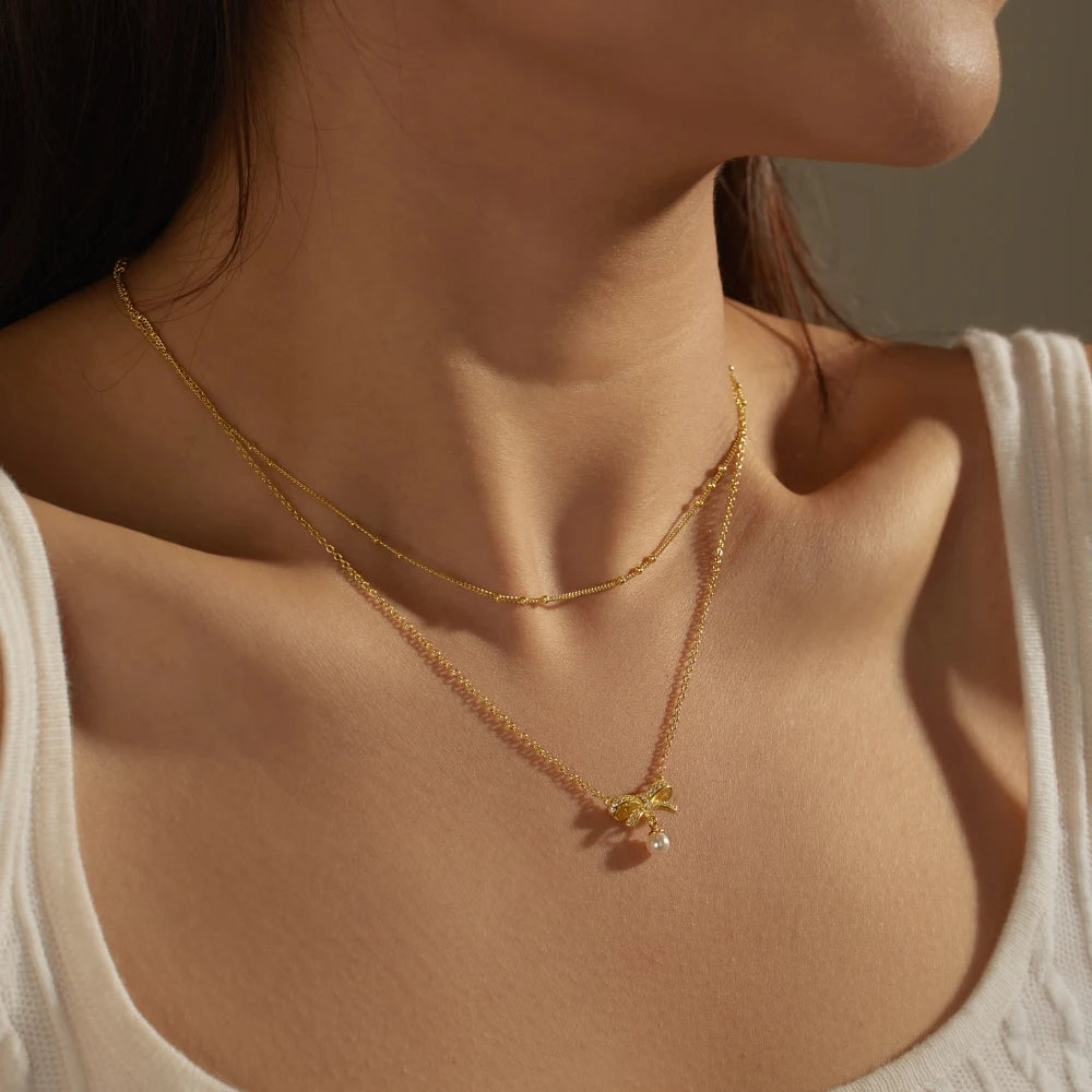 Wholesale Cubic Zirconia Bow Necklace Elegant Sweet Double-Layer Clavicle Chain 925 Silver 18K Gold Plated Necklaces Women