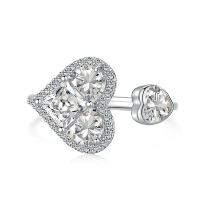 Fashion Design Trendy Silver Jewellery Rhodium 18K Gold Plated Open Adjustable Double Heart Shape Silver Rings