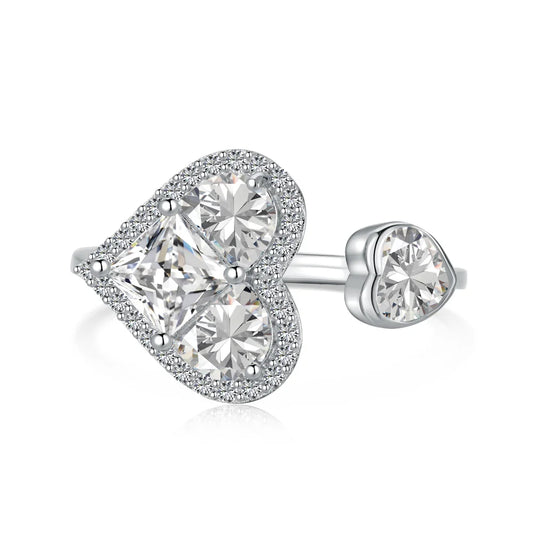 Fashion Design Trendy Silver Jewellery Rhodium 18K Gold Plated Open Adjustable Double Heart Shape Silver Rings