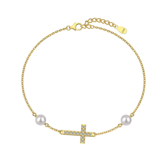 Vintage 18K Gold Plated Jewelry S925 Sterling Silver Bracelet Cz Zircon Cross Charms Freshwater Pearl Bracelets for Women