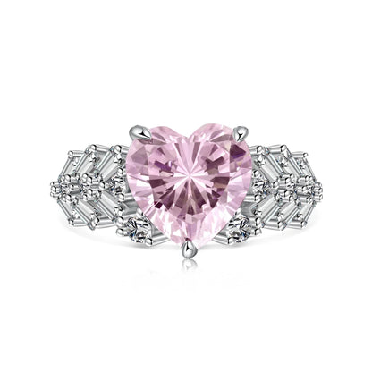 Luxurious Design Women 925 Sterling Silver Rhodium Plated Pink  Heart Shape 5A Zirconia Baguette Wedding Band Rings