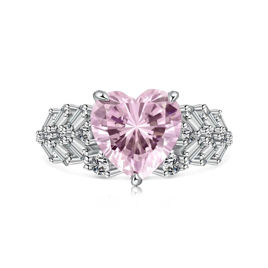 Luxurious Design Women 925 Sterling Silver Rhodium Plated Pink  Heart Shape 5A Zirconia Baguette Wedding Band Rings