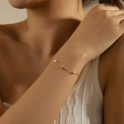 Vintage 18K Gold Plated Jewelry S925 Sterling Silver Bracelet Cz Zircon Cross Charms Freshwater Pearl Bracelets for Women