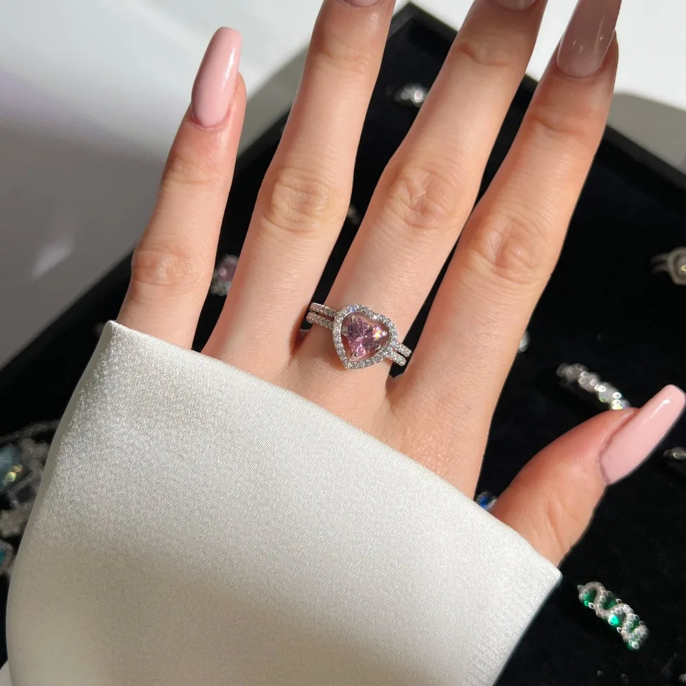 Statement Fine Jewelry S925 Silver Rhodium Plated Women 5A Cubic Zirconia Heart Shape Jewelry Detachable Set Rings