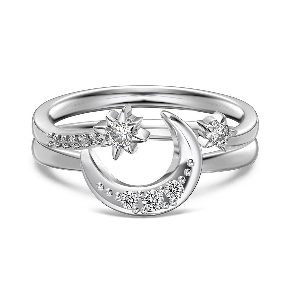 Good Christmas Xmas Festival Gift Presents Jewellery S925 Silver Double Layer Moon Crescent Star 5A Zirconia Jewelry Rings