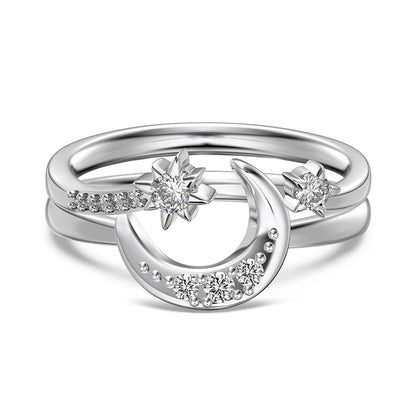 Good Christmas Xmas Festival Gift Presents Jewellery S925 Silver Double Layer Moon Crescent Star 5A Zirconia Jewelry Rings