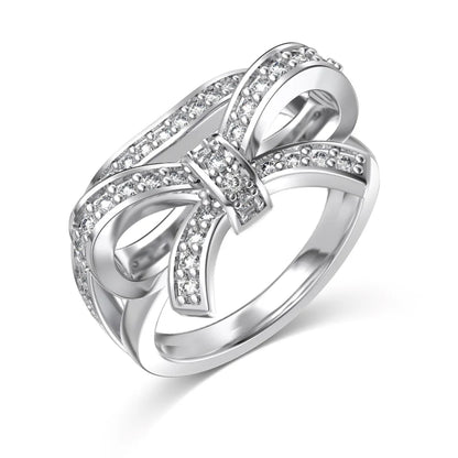 Trendy Design Christmas Xmas Jewelry Gift 925 Sterling Silver Double Layers Bow-knot 5A Cubic Zirconia Shiny Jewelry Rings