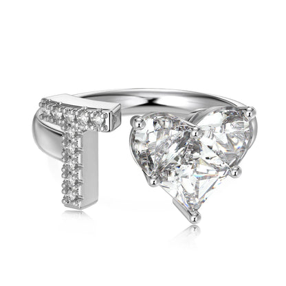 0.75 Carat Heart Shaped 5A Cubic Zircon Simulated Diamond Open Adjustable Wedding Anniversary A-Z Alphabet Initial T Ring