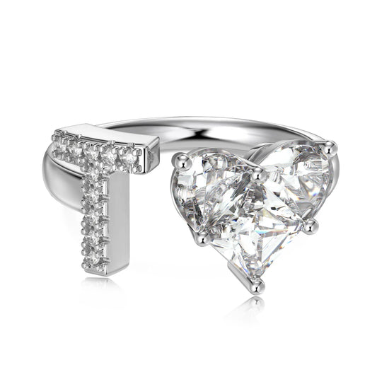 0.75 Carat Heart Shaped 5A Cubic Zircon Simulated Diamond Open Adjustable Wedding Anniversary A-Z Alphabet Initial T Ring