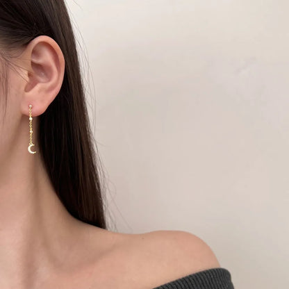 Trendy Minimalist Design Tarnish Free S925 Silver 5A Zirconia Crescent Star Tassel Dangle Stud Earrings for Women Dress up