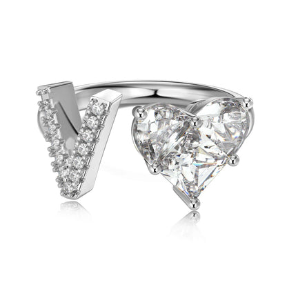Personalized Statement Dress up Jewelry Rings S925 Silver 26 A-Z Initial Letter V Heart 5A Cubic Zirconia Open Rings