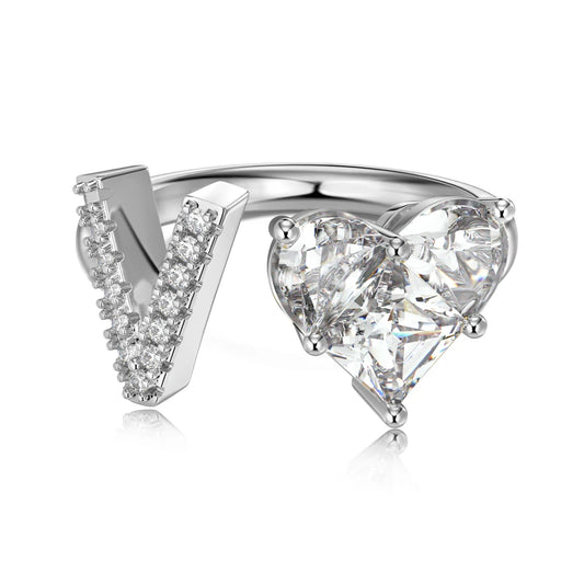 Personalized Statement Dress up Jewelry Rings S925 Silver 26 A-Z Initial Letter V Heart 5A Cubic Zirconia Open Rings