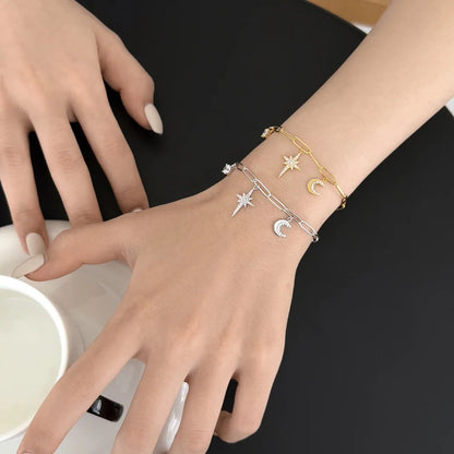 925 Sterling Silver Moon & Star CZ Chain Bracelet product image 2