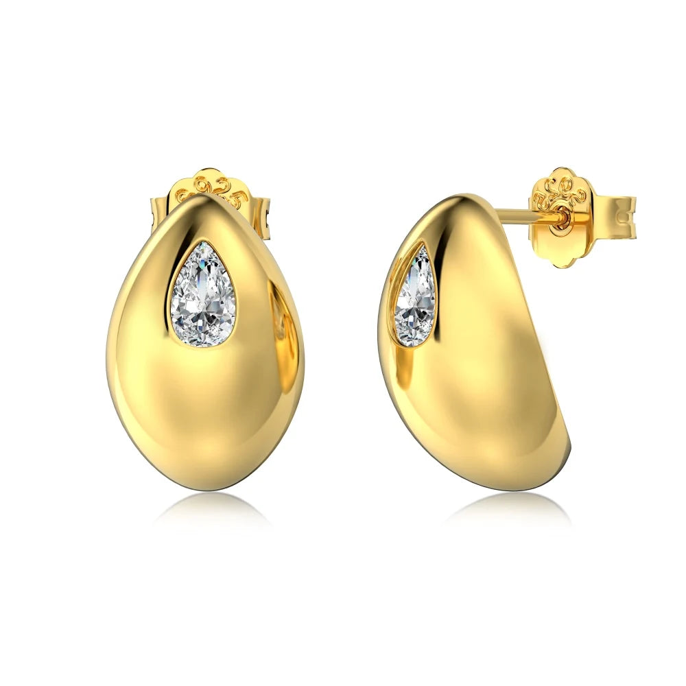 Unique Chunky S925 Water Drop Shape 18K Gold Plated Huggie Earring Wholesale Embedded Cz Stone Stud Earrings for Women