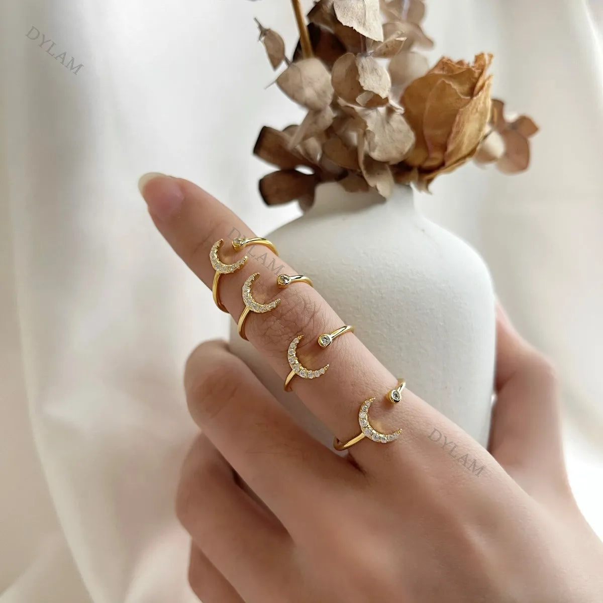 Jewelry Acoessories Luxury Delicate Trendy 5A CZ Stone Open Adjustable S925 Sterling Silver Women Moon Rings