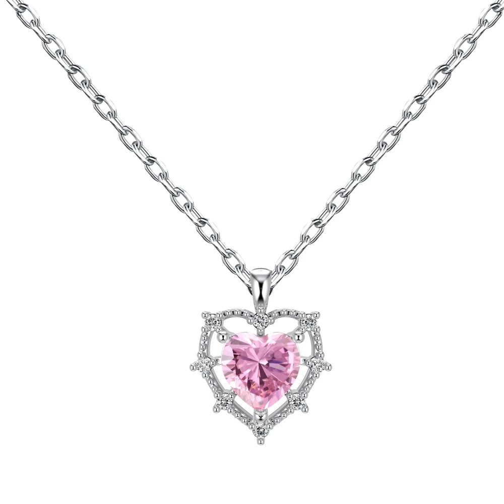 Pink Heart Pendant S925 Silver Necklace Jewelry Girl Sweet Cool Clavicle Chain Accessories Cz Zirconia Necklaces for Women