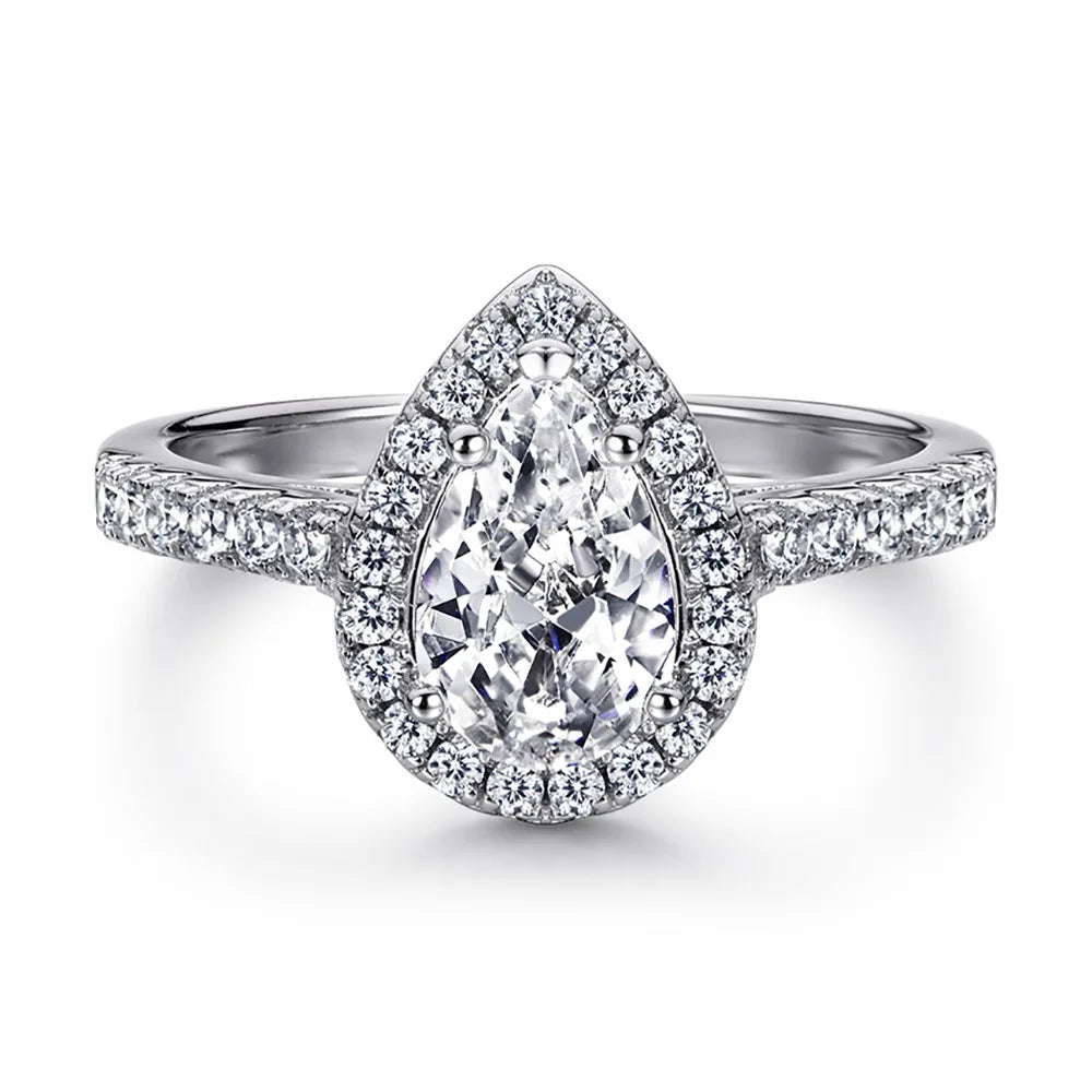 Women's Fine Jewelry Rhodium Plated Teardrop Halo Pear Cut Cubic Zirconia CZ Solitaire Engagement Ring