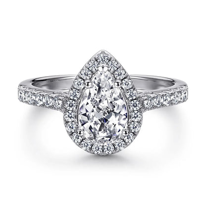 Women's Fine Jewelry Rhodium Plated Teardrop Halo Pear Cut Cubic Zirconia CZ Solitaire Engagement Ring