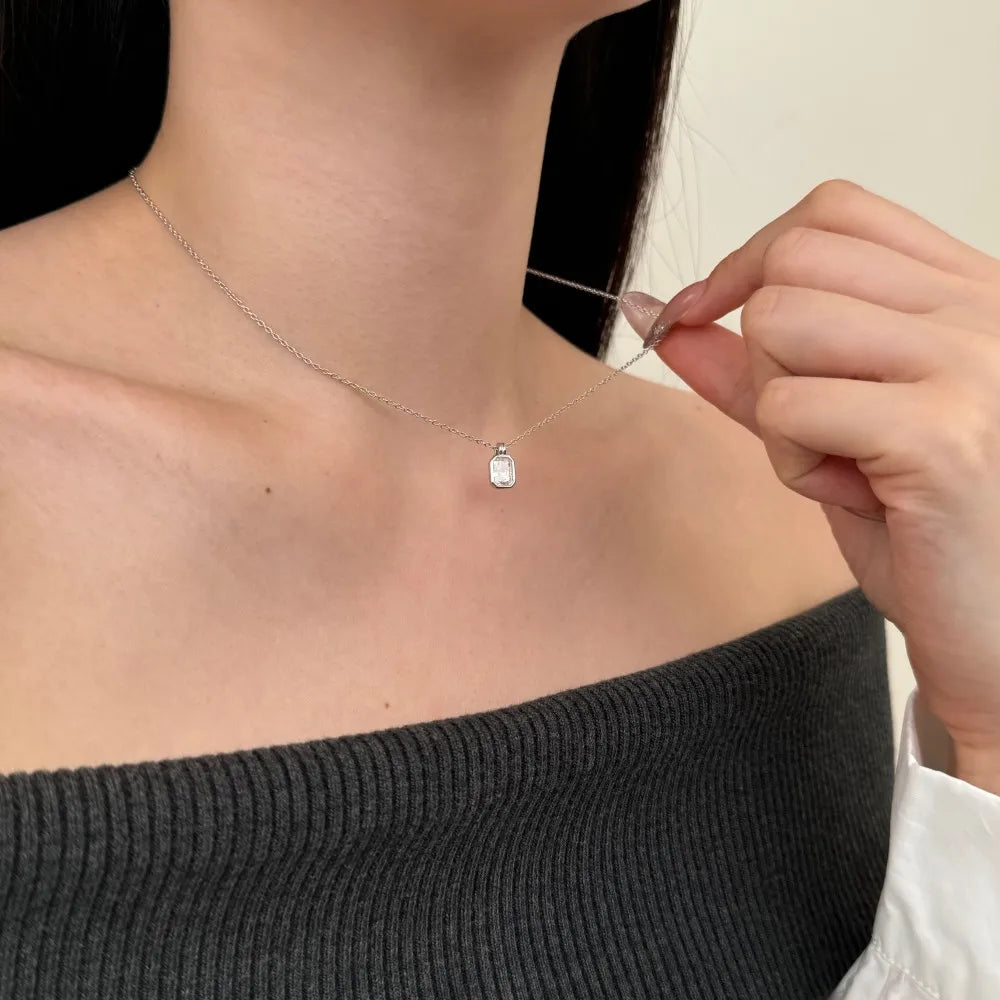 Classic Design Collection 925 Sterling Silver Chain Link Solitaire Rectangle 8A Cubic Zirconia Stone Pendant Necklaces