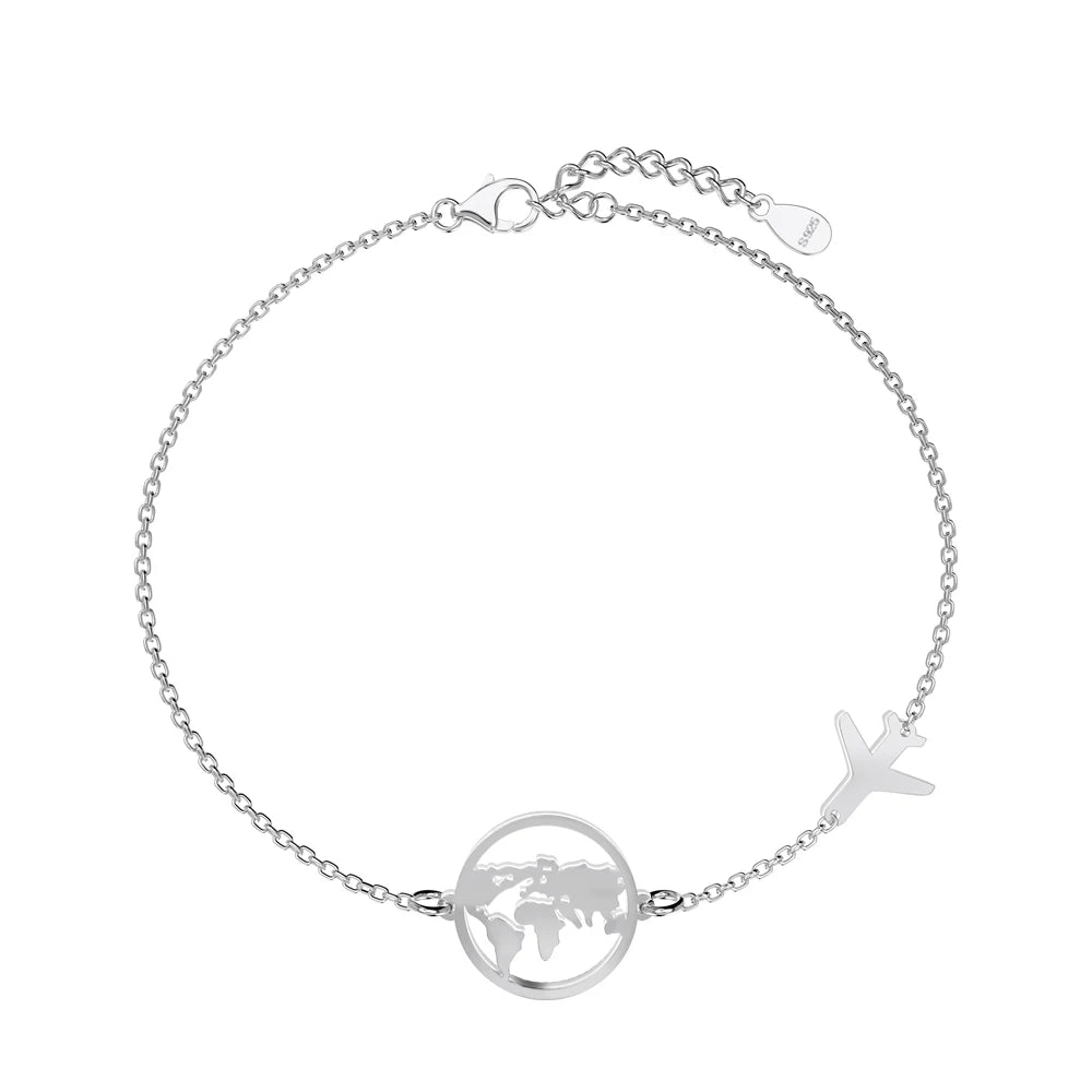 Dylam Trendy S925 Silver Simple World Map Bracelet Globe Bracelet Charm Travel Chain Jewelry Earth Airplane Bracelets for Women