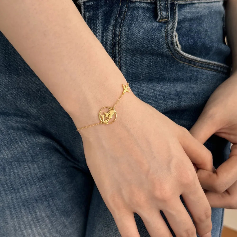 Dylam Trendy S925 Silver Simple World Map Bracelet Globe Bracelet Charm Travel Chain Jewelry Earth Airplane Bracelets for Women