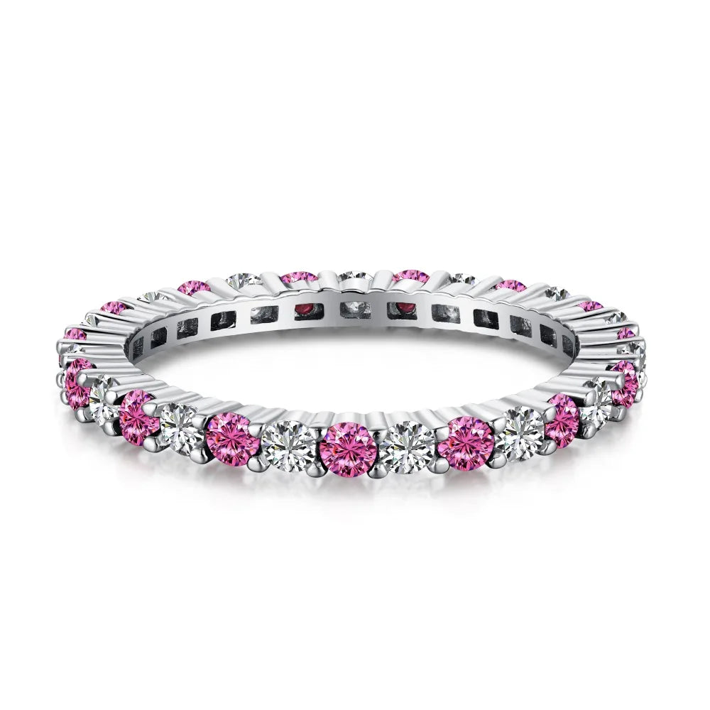 Dainty Classic Design S925 Silver Eternity Band Baguette Pink Green Blue 5A Cubic Zirconia Wedding Promise Bridal Rings