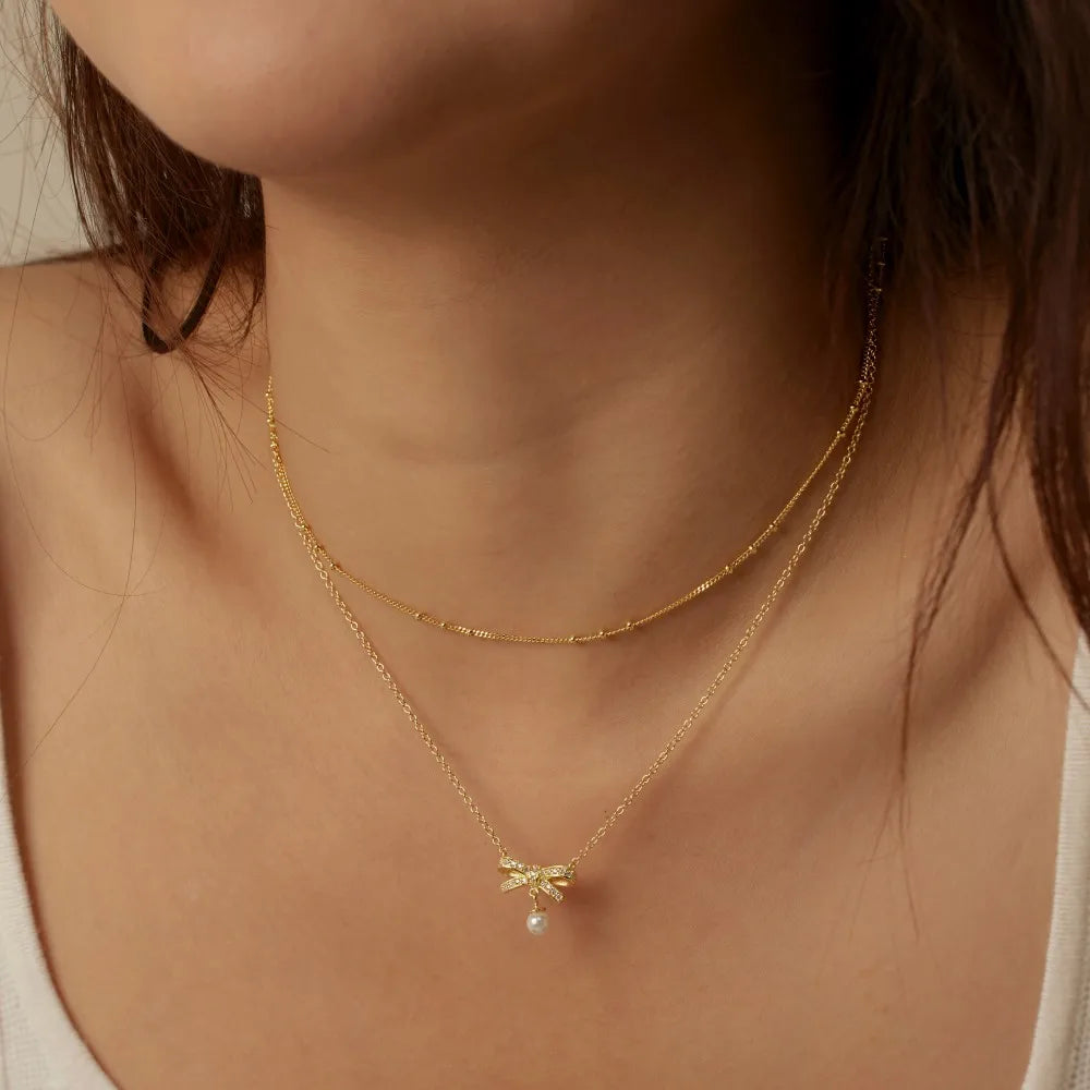 Wholesale Cubic Zirconia Bow Necklace Elegant Sweet Double-Layer Clavicle Chain 925 Silver 18K Gold Plated Necklaces Women