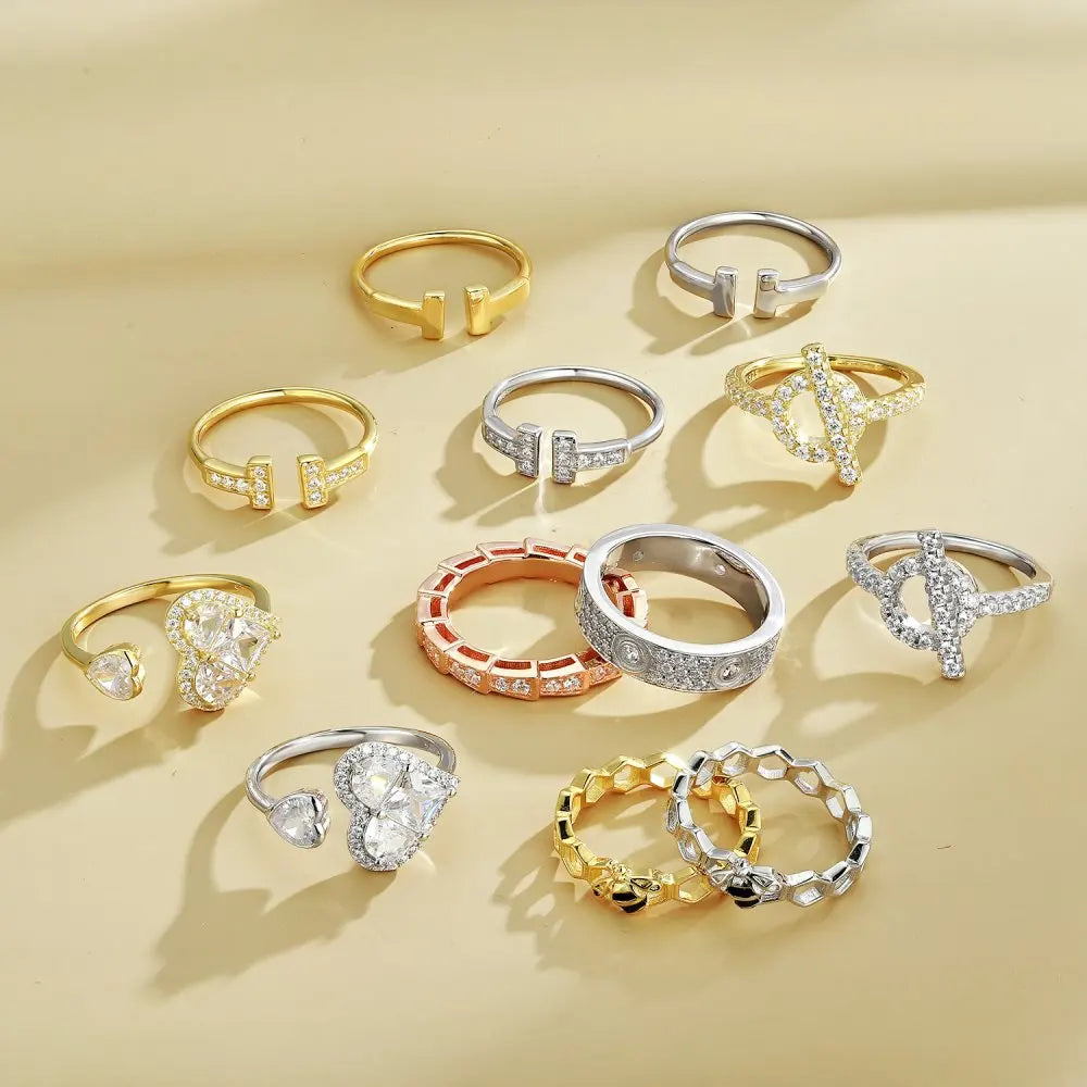 Fashion Design Trendy Silver Jewellery Rhodium 18K Gold Plated Open Adjustable Double Heart Shape Silver Rings