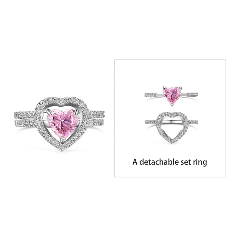 Statement Fine Jewelry S925 Silver Rhodium Plated Women 5A Cubic Zirconia Heart Shape Jewelry Detachable Set Rings